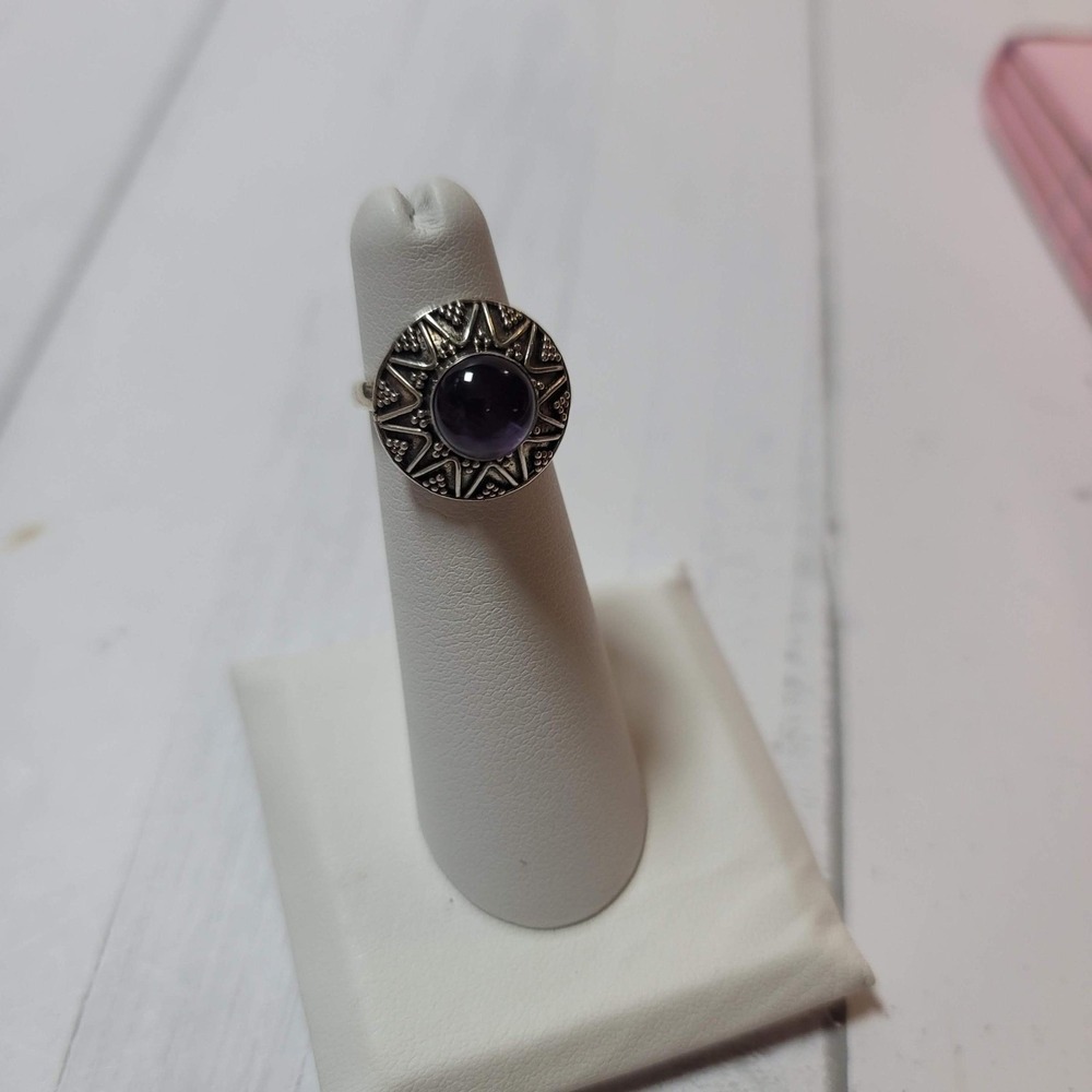 Vintage 925 Sterling Silver Amethyst Cabochon Sunburst Boho Ring‎ Size 5.5